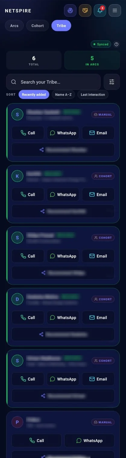 Your Tribe in NetSpire: every contact with one-tap Call, WhatsApp and Email
